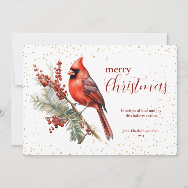 Rustic Watercolor Winter Cardinal Holly Branch Holiday Card (Front)