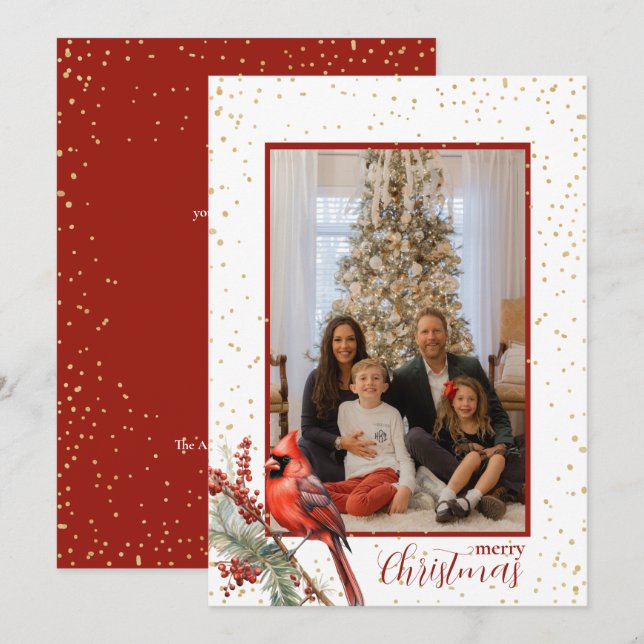 Rustic Watercolor Winter Cardinal Holly Branch Holiday Card (Front/Back)