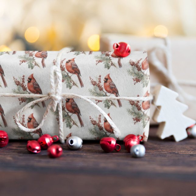 Rustic Watercolor Winter Cardinal Holly Branch  Wrapping Paper (Creator Uploaded)