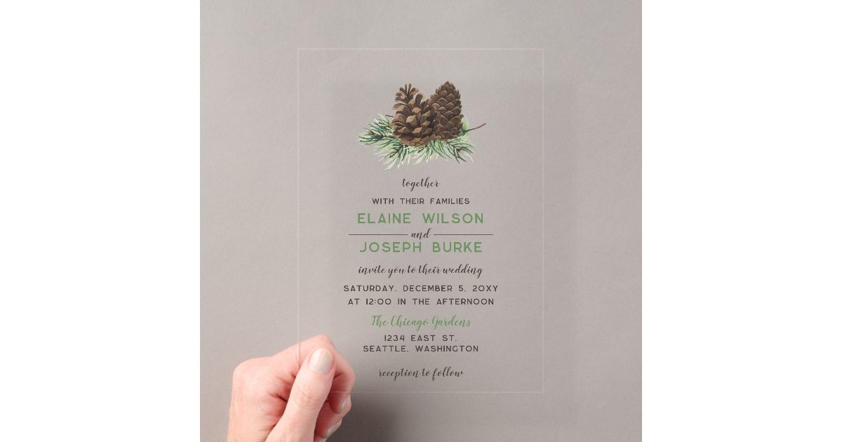 Rustic Watercolor Winter Forest Pine Cone Wedding Acrylic Invitations ...