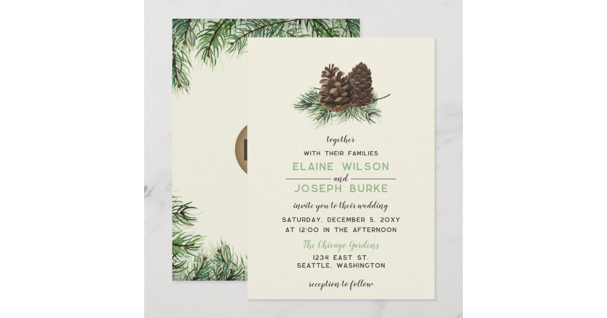 Rustic Watercolor Winter Forest Pine Cone Wedding Invitation | Zazzle