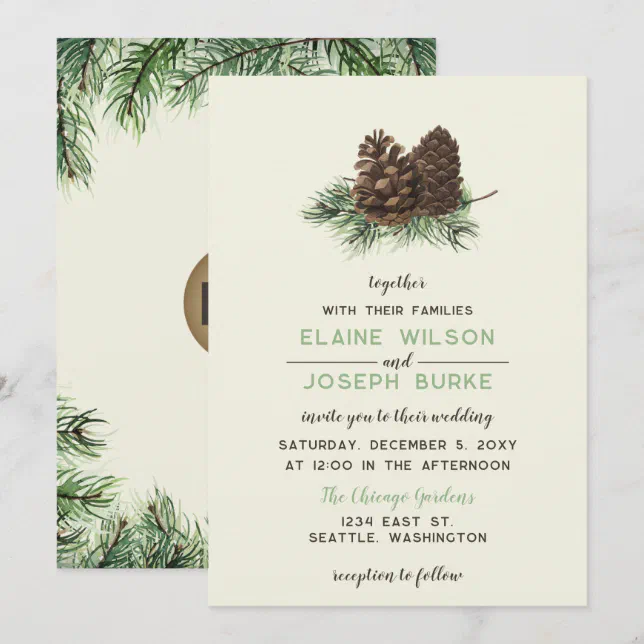 Rustic Watercolor Winter Forest Pine Cone Wedding Invitation | Zazzle