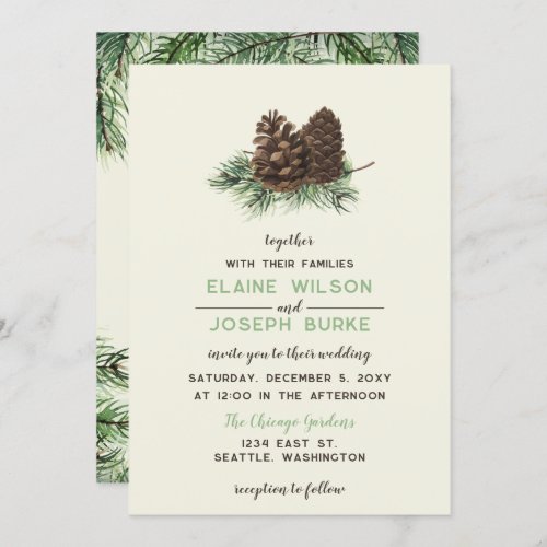 Rustic Watercolor Winter Forest Pine Cone Wedding Invitation