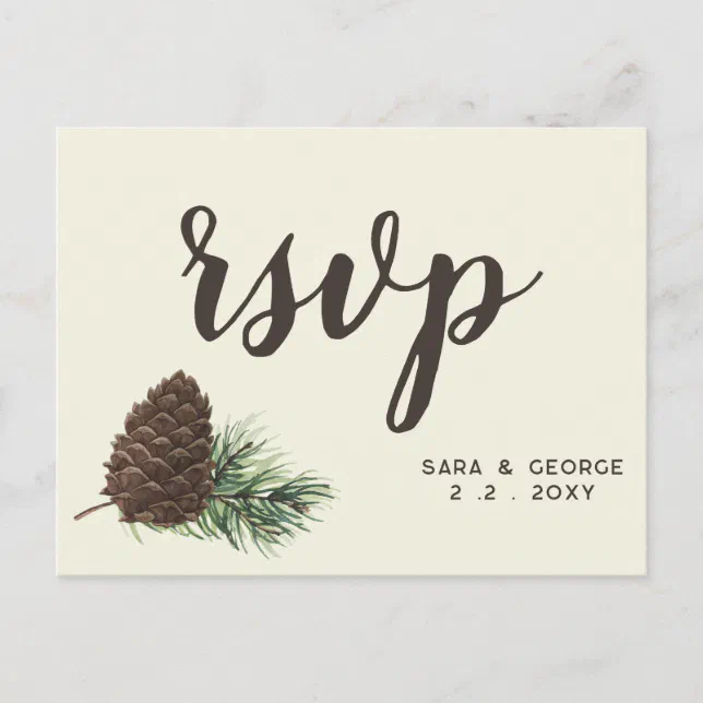 Rustic Watercolor Winter Forest Pine Cone Wedding Invitation Postcard ...