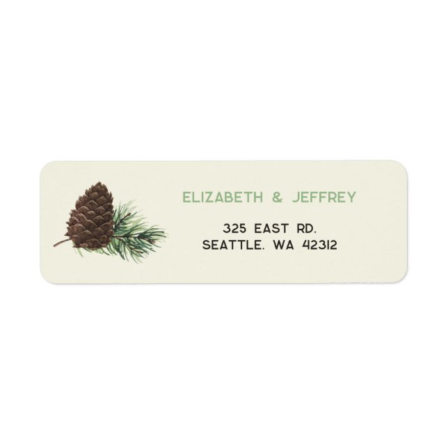 Rustic Watercolor Winter Forest Pine Cone Wedding Label (Front)