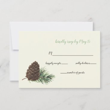 Rustic Watercolor Winter Forest Pine Cone Wedding RSVP Card