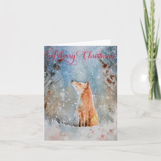 Rustic Watercolor Winter Fox Christmas Holiday Card (Front)