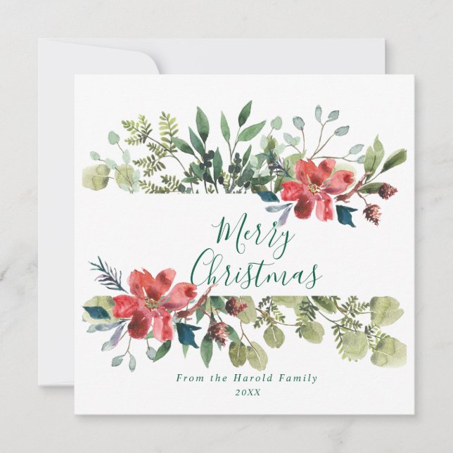 Rustic Watercolor Winter Greenery with Red Flowers Holiday Card (Front)