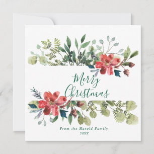 Rustic Watercolor Winter Greenery with Red Flowers Holiday Card