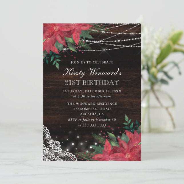 Rustic Watercolor Winter Poinsettia 21st Birthday Invitation (Standing Front)