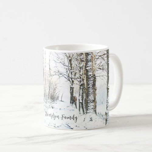 Rustic watercolor winter snow forest monogrammed coffee mug