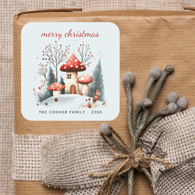 Rustic Watercolor Winter Woodland Merry Christmas Square Sticker (Creator Uploaded)