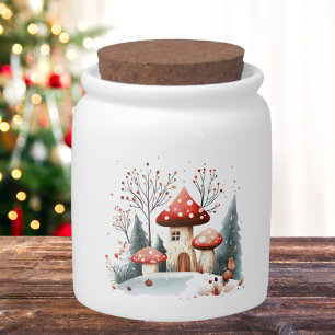 Rustic Watercolor Winter Woodland Mushrooms Candy Jar