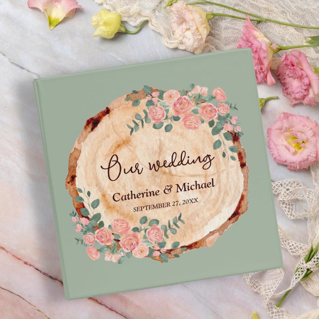 Rustic Watercolor Wood Slice Sage Green  3 Ring Binder (Creator Uploaded)