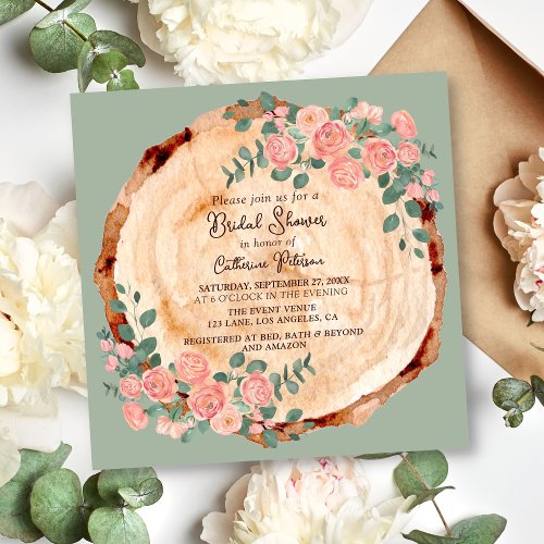 Rustic Watercolor Wood Slice Sage Green  Invitation