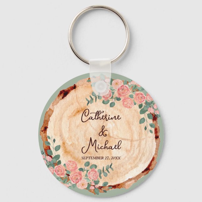 Rustic Watercolor Wood Slice Sage Green  Keychain (Front)