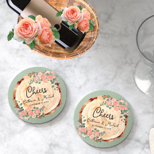 Rustic Watercolor Wood Slice Sage Green Round Paper Coaster