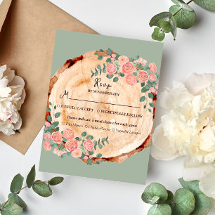 Rustic Watercolor Wood Slice Sage Green RSVP Card