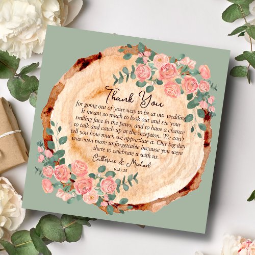 Rustic Watercolor Wood Slice Sage Green  Thank You Card