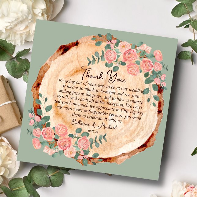 Rustic Watercolor Wood Slice Sage Green  Thank You Card (Creator Uploaded)