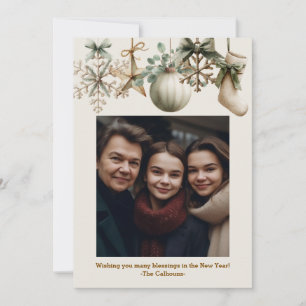 Rustic Watercolor Wood Snowflake Christmas Photo Holiday Card