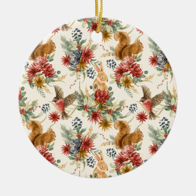 Rustic Watercolor Woodland Animal Pattern Ceramic Ornament (Front)