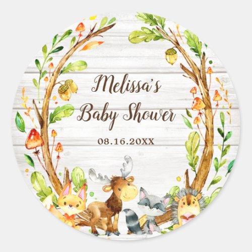 Rustic Watercolor Woodland Animals Baby Shower Classic Round Sticker