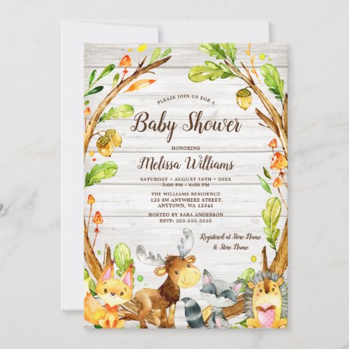 Rustic Watercolor Woodland Animals Baby Shower Invitation