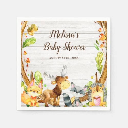Rustic Watercolor Woodland Animals Baby Shower Napkins