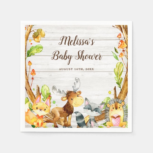 Rustic Watercolor Woodland Animals Baby Shower Napkins (Front)