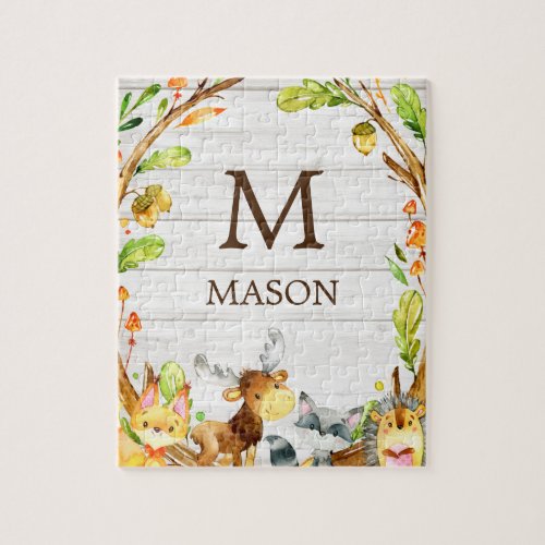 Rustic Watercolor Woodland Animals Personalized Jigsaw Puzzle