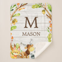 Rustic Watercolor Woodland Animals Personalized Sherpa Blanket