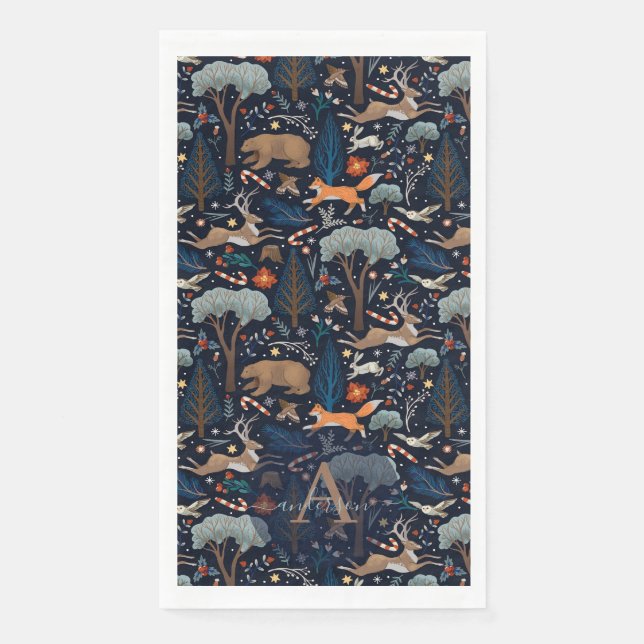 Rustic Watercolor Woodland Animals Trees Christmas Paper Guest Towels (Front)