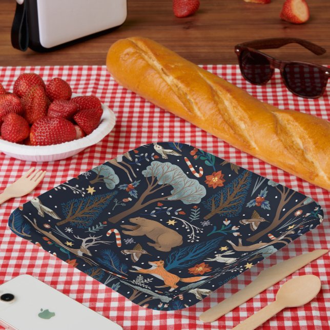 Rustic Watercolor Woodland Animals Trees Christmas Paper Plates (Picnic)