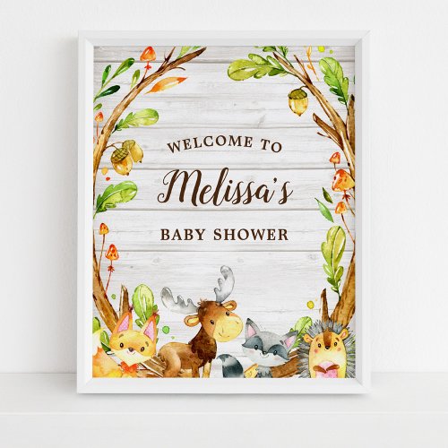 Rustic Watercolor Woodland Animals Welcome Poster