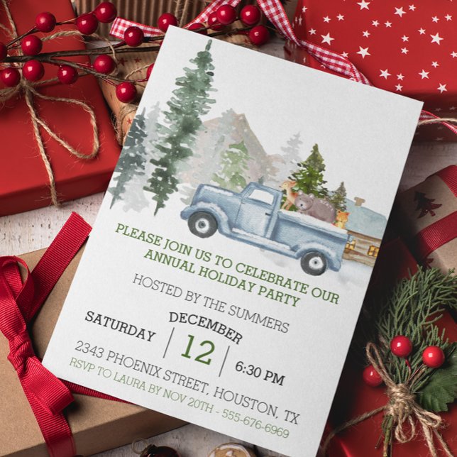 Rustic Watercolor Woodland Christmas Truck Party Invitation (Creator Uploaded)