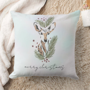 Rustic Watercolor Woodland Deer Holiday Accent Throw Pillow