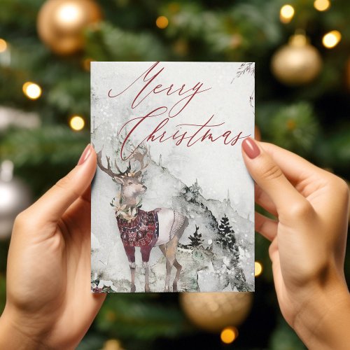 Rustic Watercolor Woodland Deer in Snow Christmas Holiday Postcard