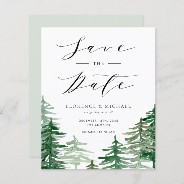 Rustic Watercolor Woodland Forest Save the Date (Front/Back)