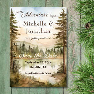 Rustic Watercolor Woodland Lake Adventure Wedding Save The Date