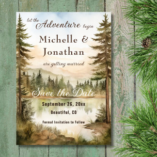 Rustic Watercolor Woodland Lake Adventure Wedding Save The Date