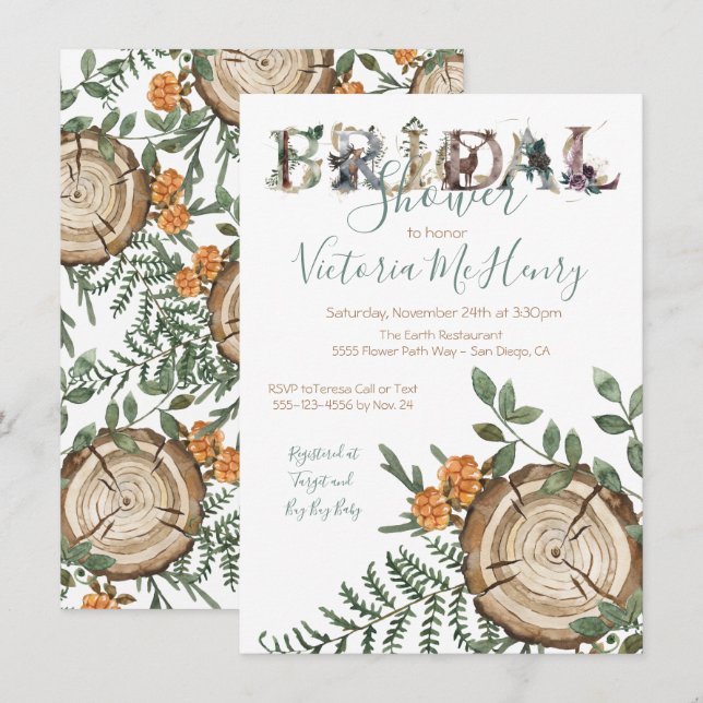 Rustic Watercolor woodland log Bridal Shower Invitation (Front/Back)