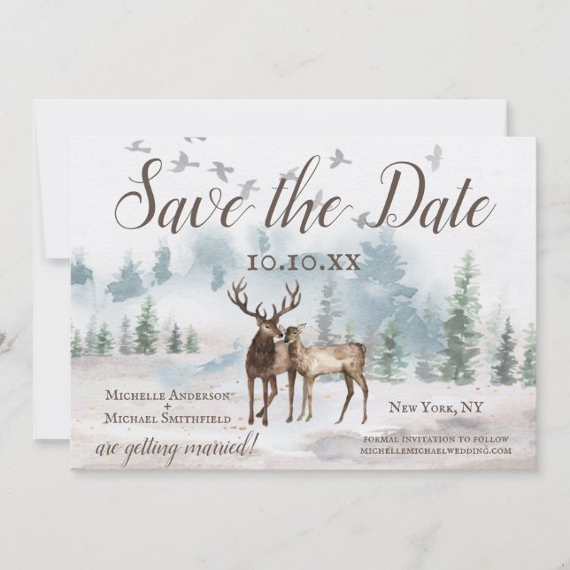 Rustic Watercolor Woodland Mountain Save the Date (Front)