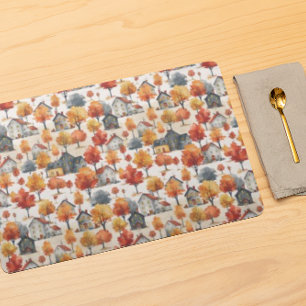 Rustic Watercolor woodland Village Pattern Cloth Placemat