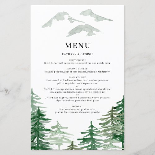 Rustic Watercolor Woodland Wedding Menu Card