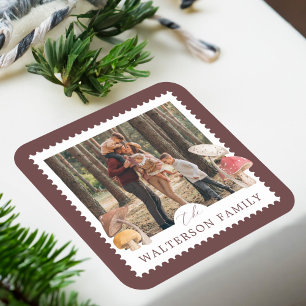 Rustic Watercolor Woodsy Mushrooms Photo Stamp Square Sticker