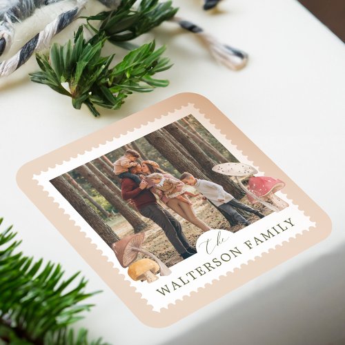 Rustic Watercolor Woodsy Mushrooms Photo Stamp Square Sticker