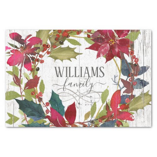 Rustic Watercolor Wreath Floral Poinsettia Name Tissue Paper