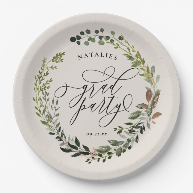 Rustic watercolor wreath graduation party paper plates (Front)