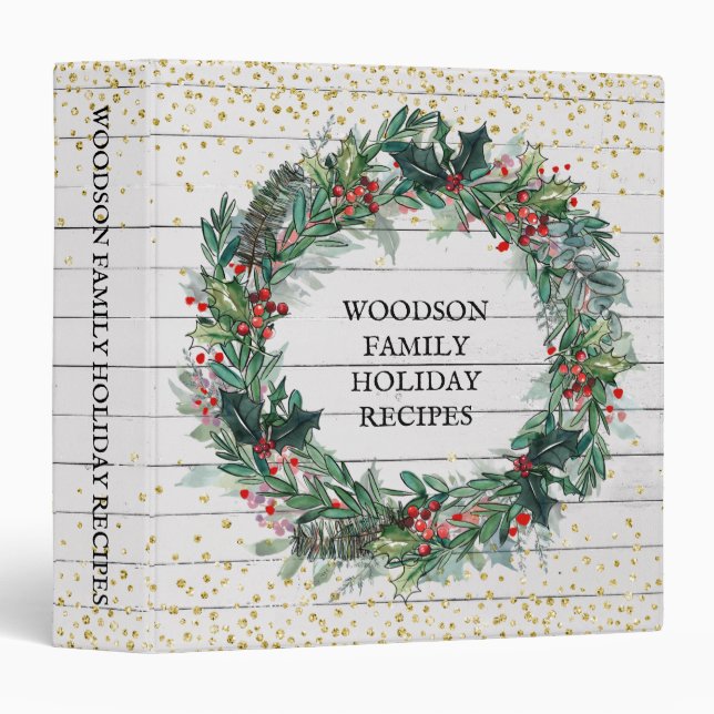 Rustic Watercolor Wreath Holiday Family Recipes 3 Ring Binder (Front/Spine)